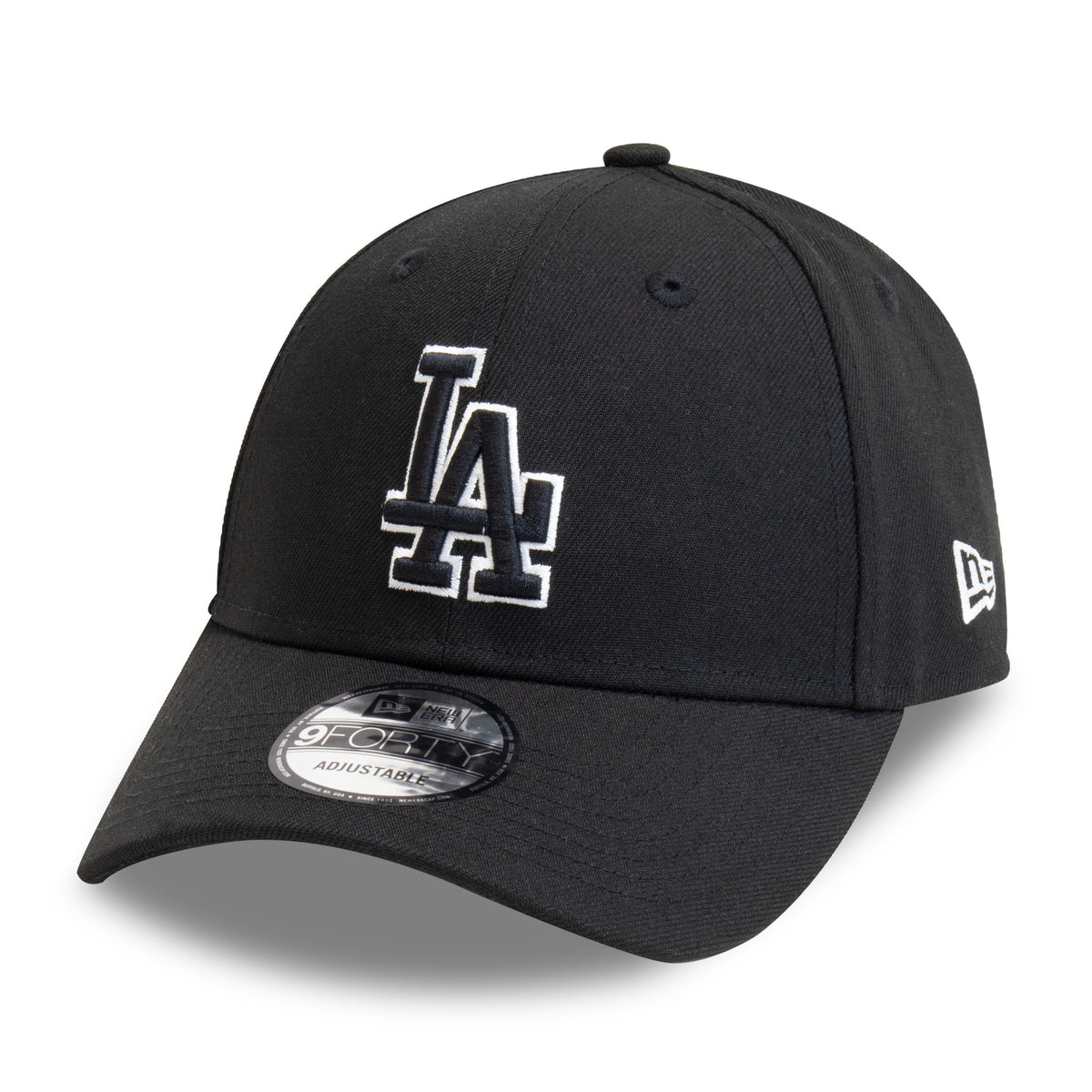 LA Dodgers Pop Outline Black New Era 9FORTY Adjustable Cap, three-quarter view showing the white outlined LA logo in raised embroidery on the front panel, a 9FORTY size sticker on the visor, and the New Era flag logo on the left side.