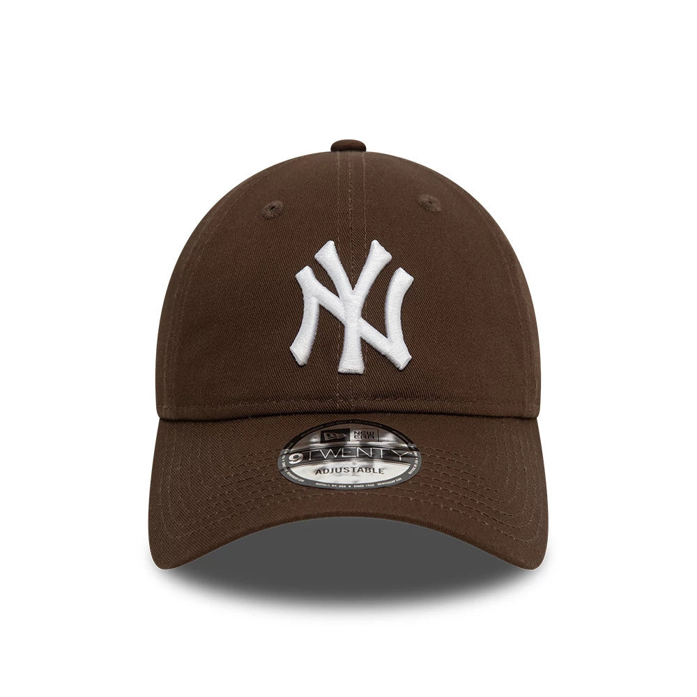 New York Yankees League Essential Dark Brown New Era 9TWENTY Adjustable Cap, front view showing a white embroidered NY logo on the structured dark brown crown, with a 9TWENTY size sticker on the curved visor.