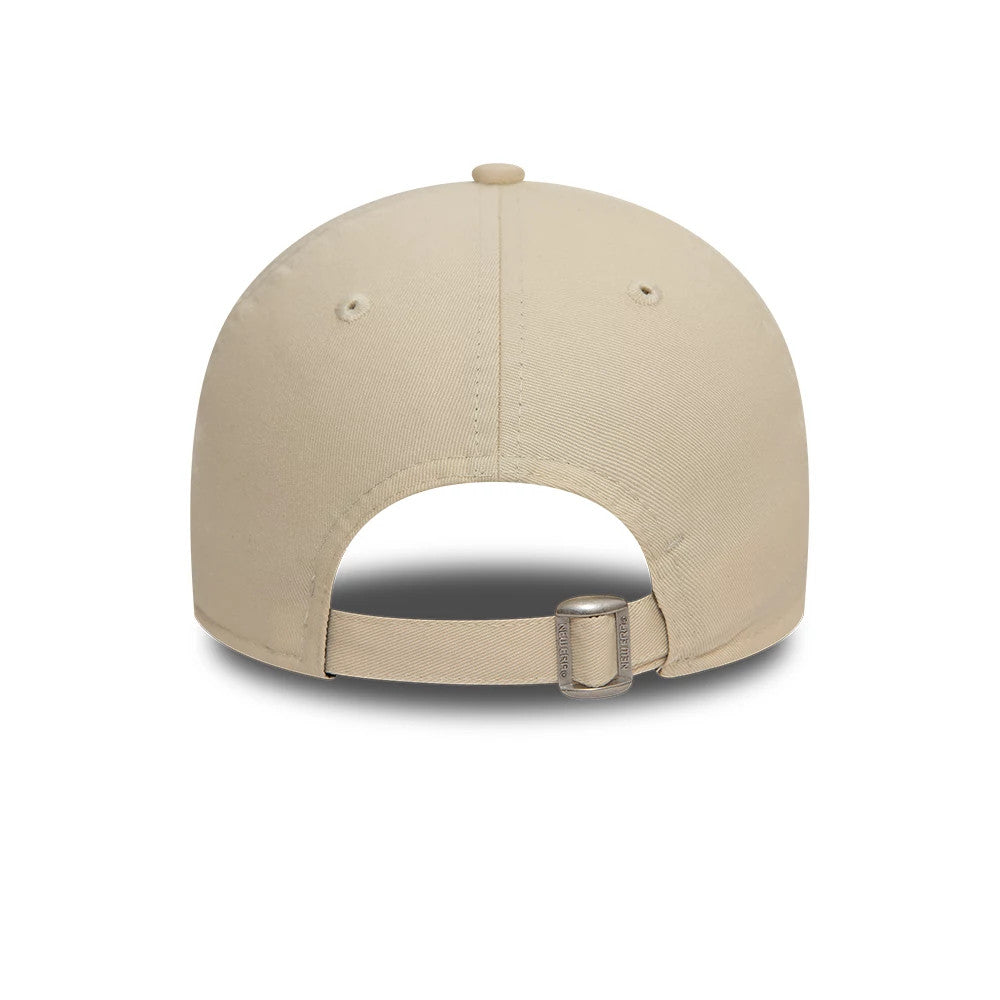 LA Dodgers League Essential Stone New Era 9TWENTY Adjustable Cap, rear view showing the back strap with a metal buckle closure and no logos on the stone-coloured crown for a clean, minimal look.