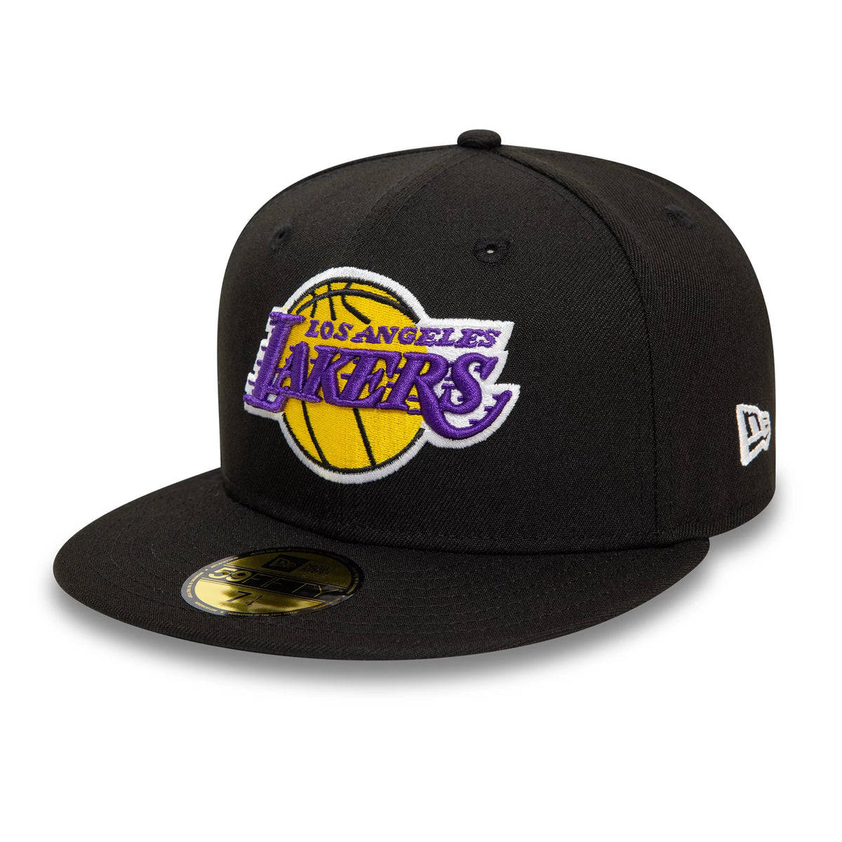 LA Lakers NBA Essential Black New Era 59FIFTY Fitted Cap, three-quarter view showing the raised purple and gold embroidered Lakers logo on the front panel, a New Era flag logo on the left side, and a gold 59FIFTY size sticker on the visor.