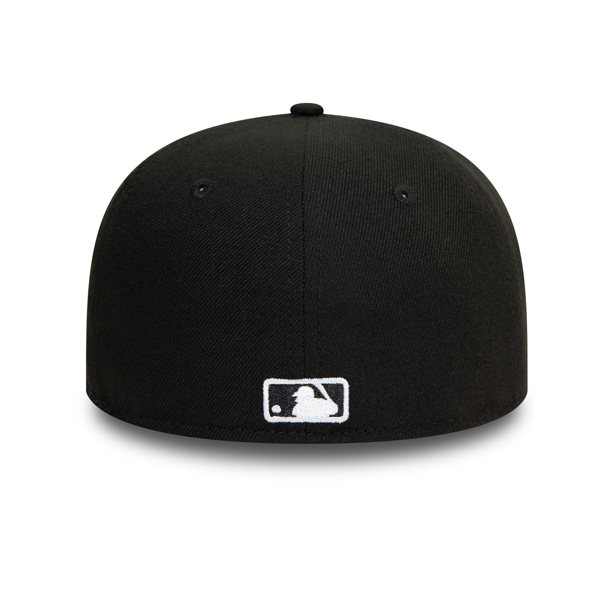 New York Yankees Youth Black New Era 59FIFTY Fitted Cap, rear view showing the white embroidered MLB Batterman logo at the centre of the back panels, with a black structured crown and matching eyelets.