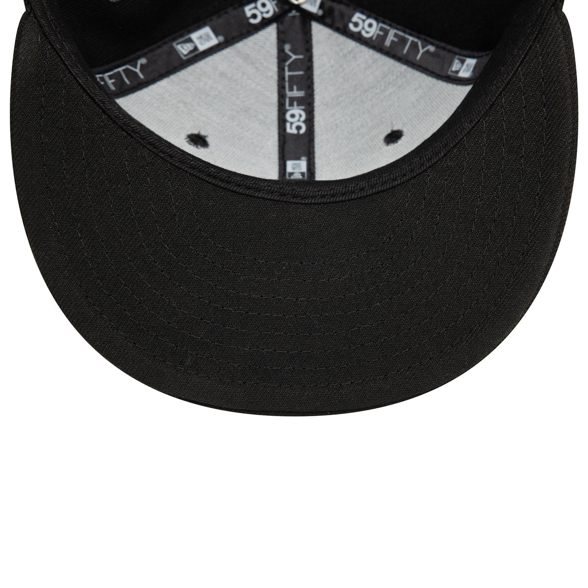 New York Yankees Youth Black New Era 59FIFTY Fitted Cap, inside view showing the grey undervisor, black sweatband and branded taping with multiple New Era flags and 59FIFTY logos running along the interior seams.