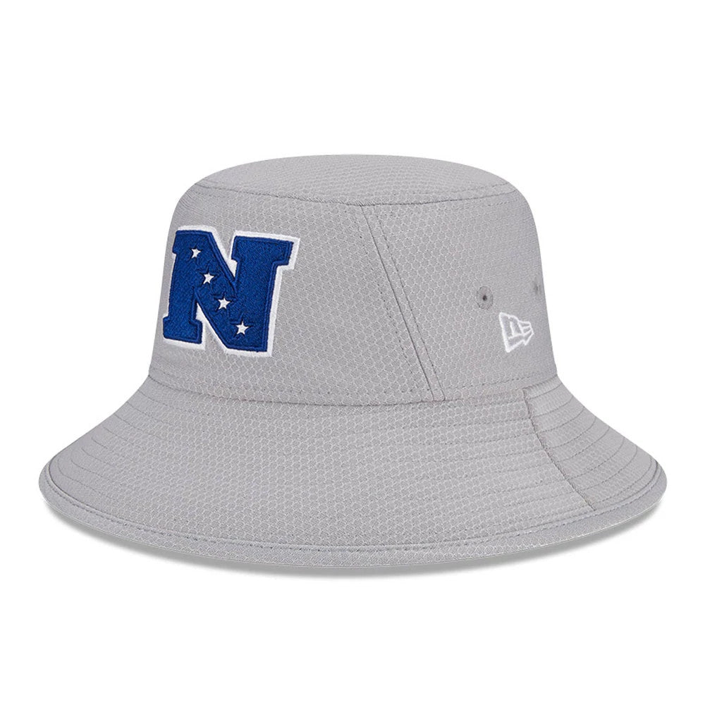 NFL Pro Bowl 2025 NFC Logo Grey New Era Stretch Bucket Hat, side view showing the large blue embroidered N logo with stars on the front panel and the white New Era flag logo on the left side of the brim.
