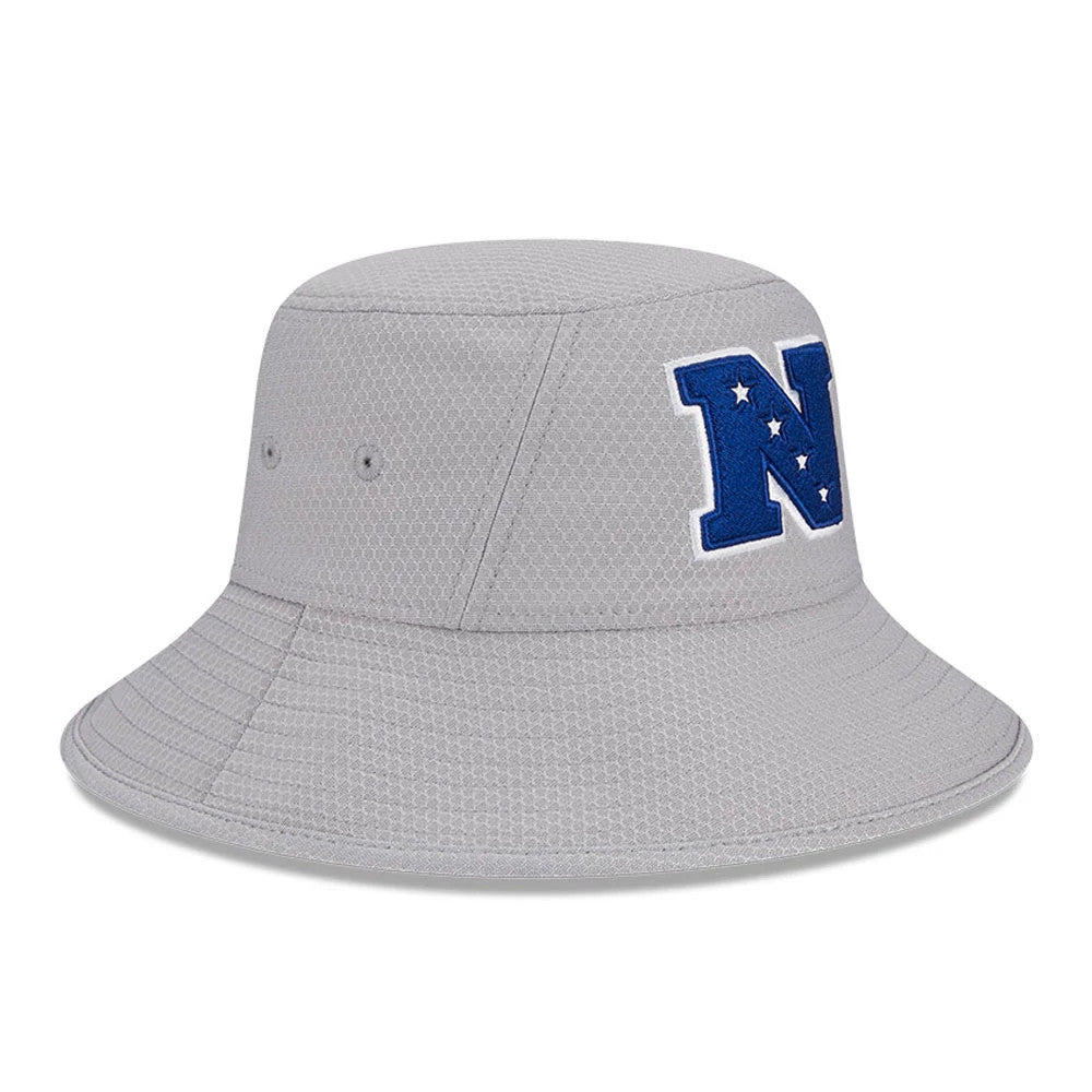 New Era NFL Pro Bowl 2025 NFC Logo Grey Stretch Bucket Hat, side view showing the prominent blue N logo with stars embroidered on the front panel, with grey eyelets and a downward-sloping brim.