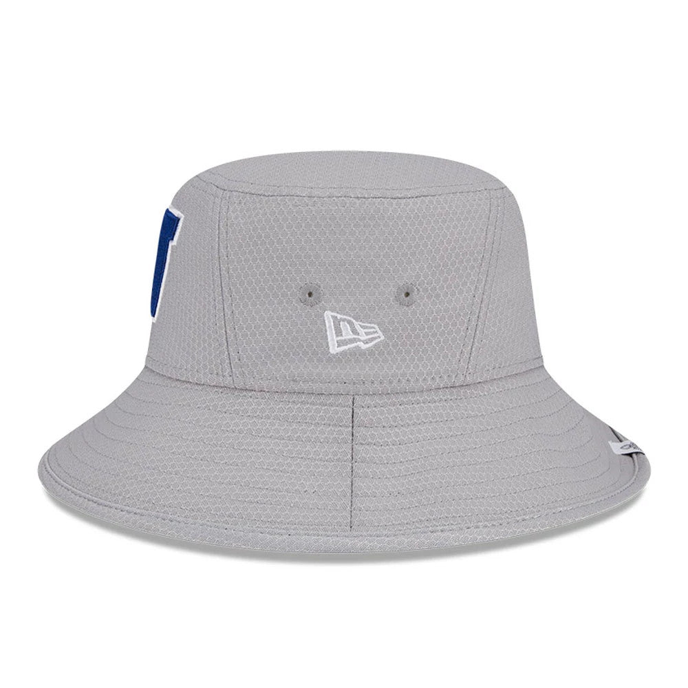 NFL Pro Bowl 2025 NFC Logo Grey Stretch New Era Bucket Hat, front view showing the embroidered New Era flag logo on the grey textured crown, with a wide grey visor and side panel NFC lettering partly visible.
