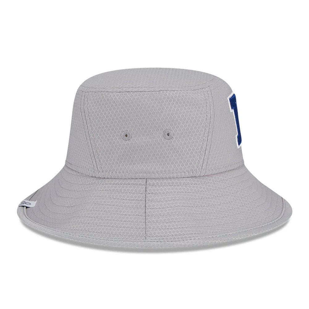 New Era NFL Pro Bowl 2025 NFC Logo Grey Stretch Bucket Hat, side view showing the blue NFC logo embroidered on the structured grey crown, along with small eyelets and a slightly flared brim.