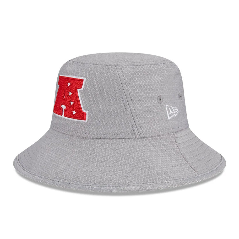 New Era NFL Pro Bowl 2025 AFC Logo Grey Stretch Bucket Hat, side view showing the large red embroidered A logo on the front panel, grey stitching on the extended brim, and New Era flag logo on the left side.