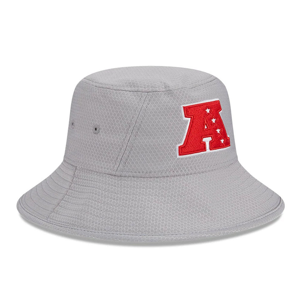 New Era NFL Pro Bowl 2025 AFC Logo Grey Stretch Bucket Hat, side view showing a red embroidered AFC logo on the grey textured crown with small eyelets and a downward-sloping wide brim.