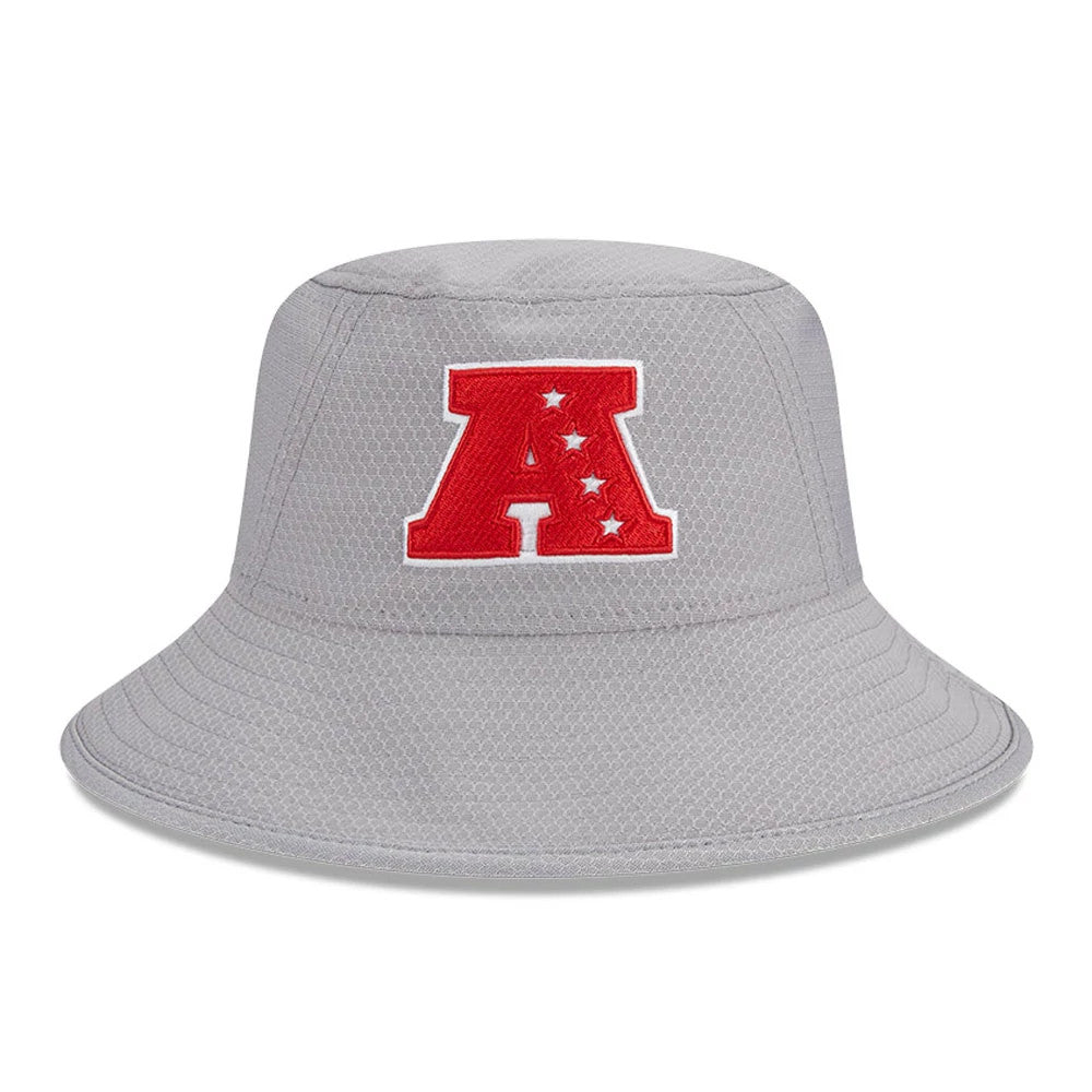 New Era NFL Pro Bowl 2025 AFC Logo Grey Stretch Bucket Hat, front view showing the red embroidered A logo with stars centred on the structured grey crown with detailed stitch patterning and a gently sloping visor.