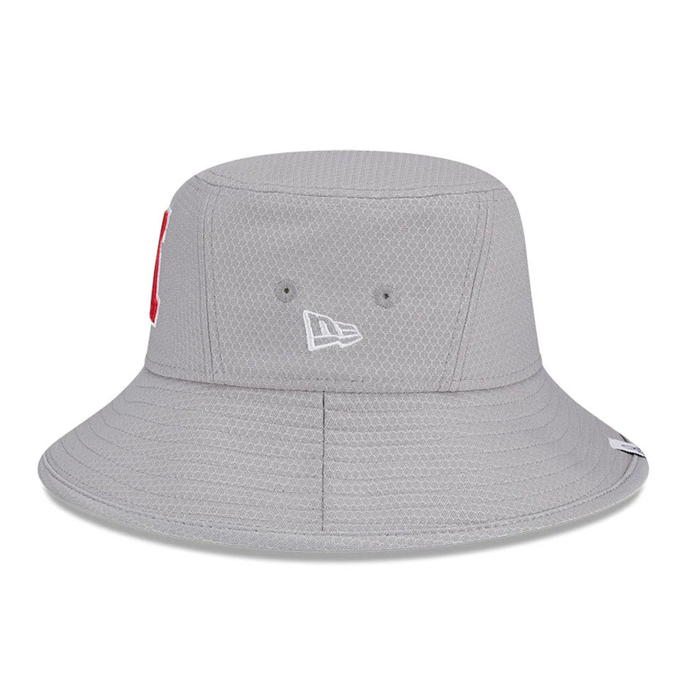 New Era NFL Pro Bowl 2025 AFC Logo Grey Stretch Bucket Hat, side view showing the white embroidered New Era flag logo on the grey textured crown with a wide circular brim and a red logo partially visible on the side.