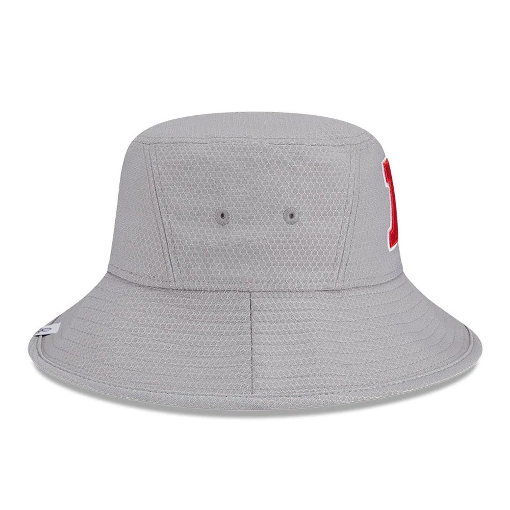 New Era NFL Pro Bowl 2025 AFC Logo Grey Stretch Bucket Hat, rear view showing grey honeycomb-patterned fabric with vented eyelets on the crown and a red embroidered AFC logo partially visible on the left side.