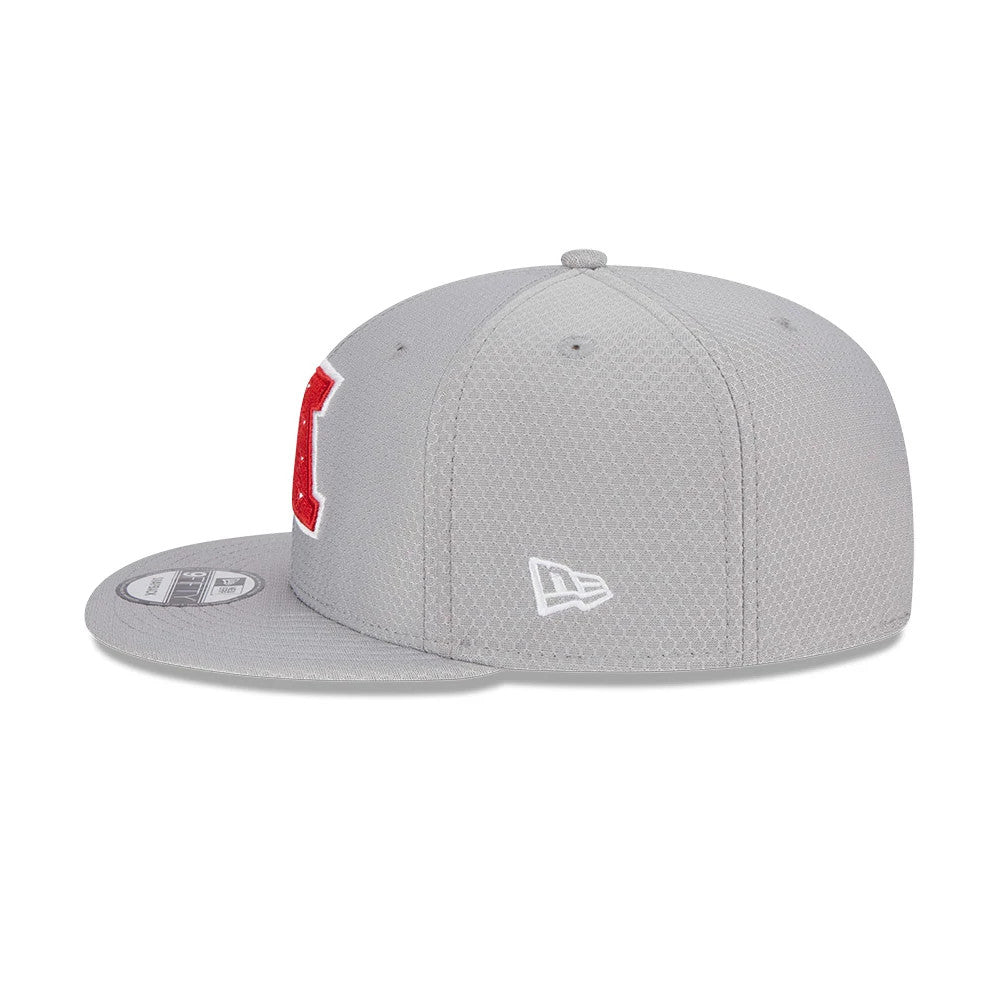 NFL Pro Bowl 2025 AFC Logo Grey New Era 9FIFTY Snapback Adjustable Cap, side view showing the white New Era flag logo on the left side of the structured grey crown and the 9FIFTY size sticker on the flat grey visor.