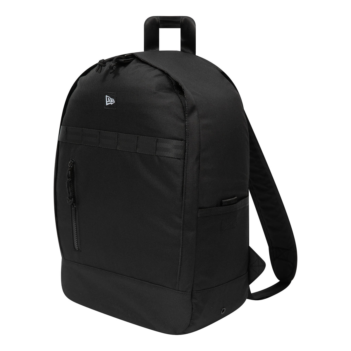 New Era Day Pack Black Backpack, three-quarter view showing the black fabric exterior, a small raised New Era logo near the top, a vertical zip pocket on the front, and padded straps at the back with a top carry handle.