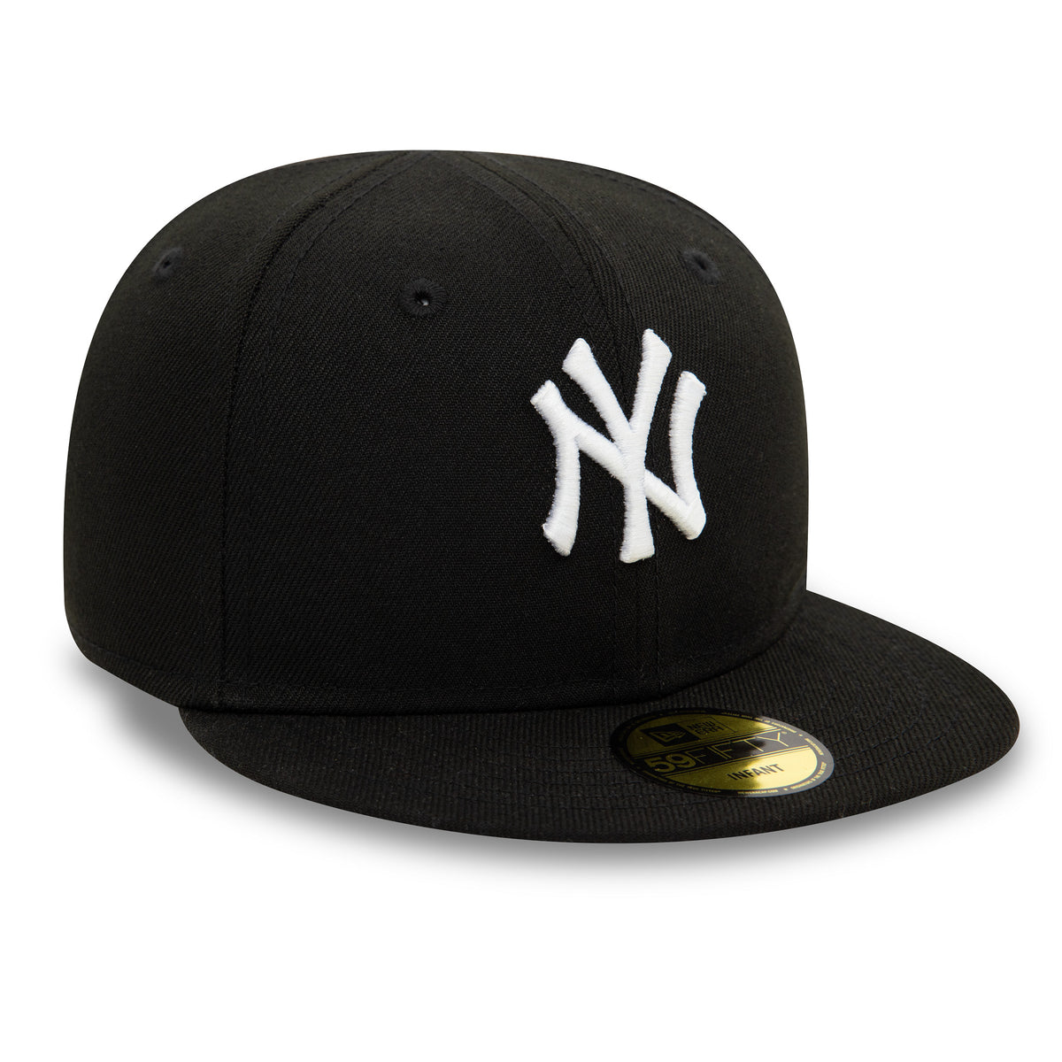 New York Yankees My First Black New Era 59FIFTY Fitted Cap, front view showing the raised white embroidered NY logo on the front panel, with a black visor and a centred gold 59FIFTY size sticker on the visor.