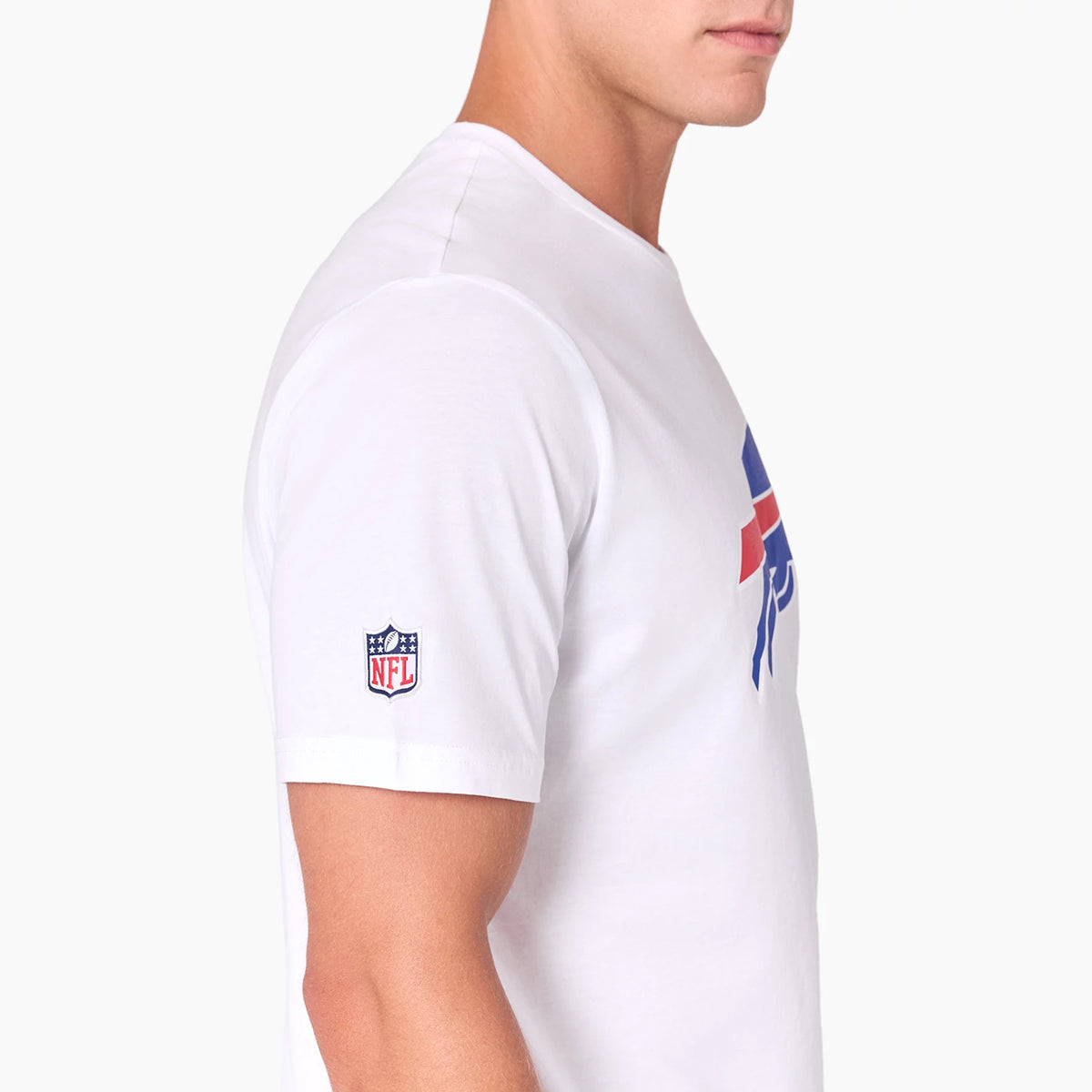New Era Buffalo Bills NFL White T-Shirt, side view showing the white shirt with a raised Buffalo Bills logo on the chest, and an embroidered NFL logo patch on the sleeve, worn by a model.