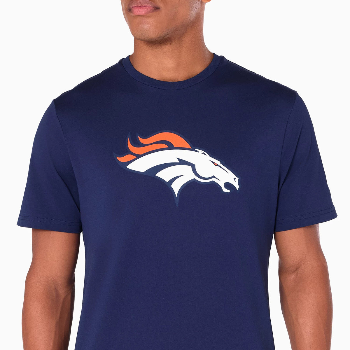New Era Denver Broncos NFL Navy T-Shirt, front view showing the prominent printed white and orange team logo of a horse's head in profile at the centre of the chest on a plain navy background.