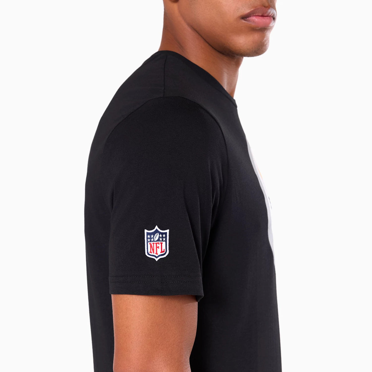 New Era Pittsburgh Steelers NFL Black T-Shirt, side view showing a black short sleeve with an embroidered NFL logo on the sleeve and a partially visible neckline against a plain background.