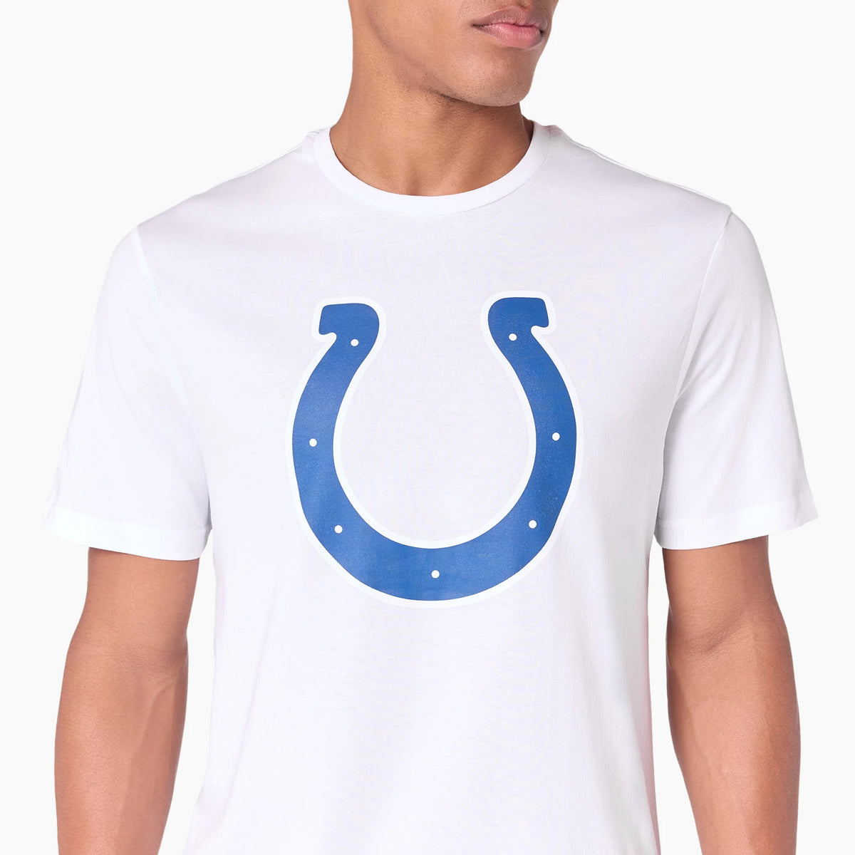 New Era Indianapolis Colts NFL White T-Shirt, front view showing a large blue horseshoe logo printed in the centre of the chest, worn by a model displaying the classic short-sleeve design and round neckline.