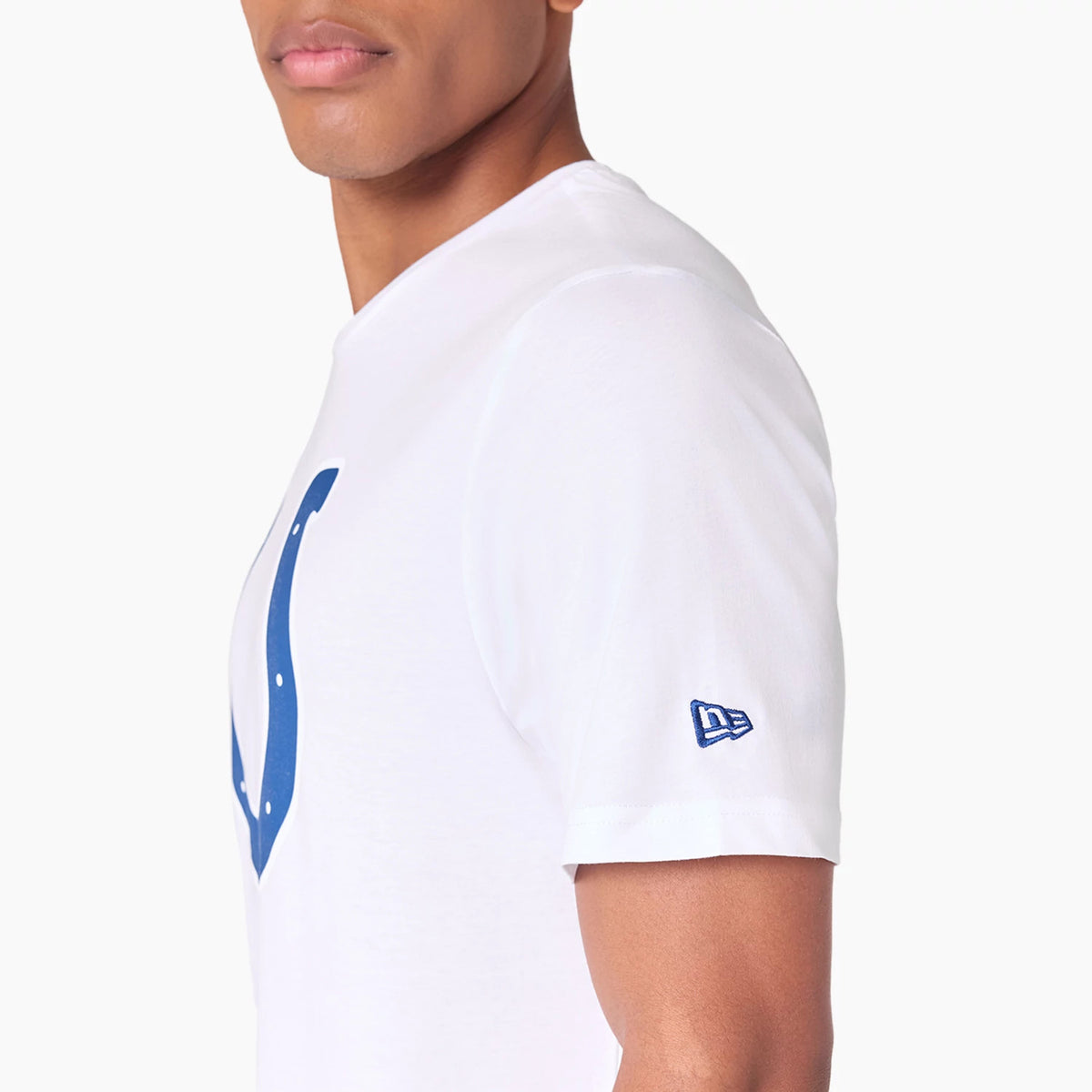 New Era Indianapolis Colts NFL White T-Shirt, three-quarter view showing the large blue horseshoe logo on the chest, the embossed New Era logo on the short sleeve, and the plain white fabric.