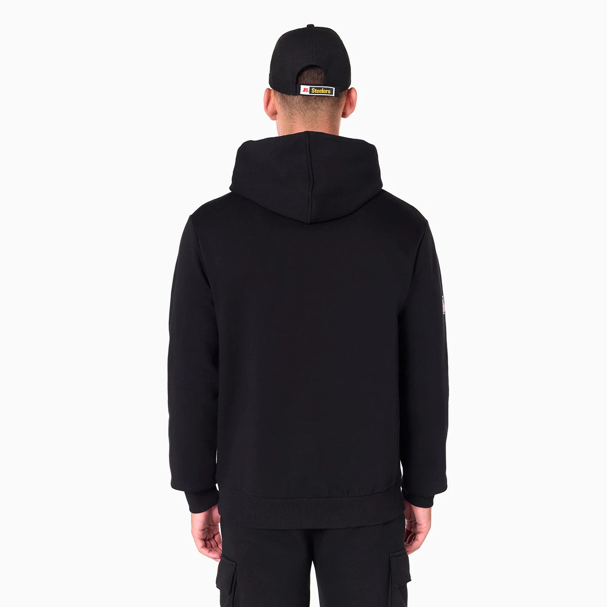 The Male model is wearing Pittsburgh Steelers NFL Black Pullover Hoodie 2