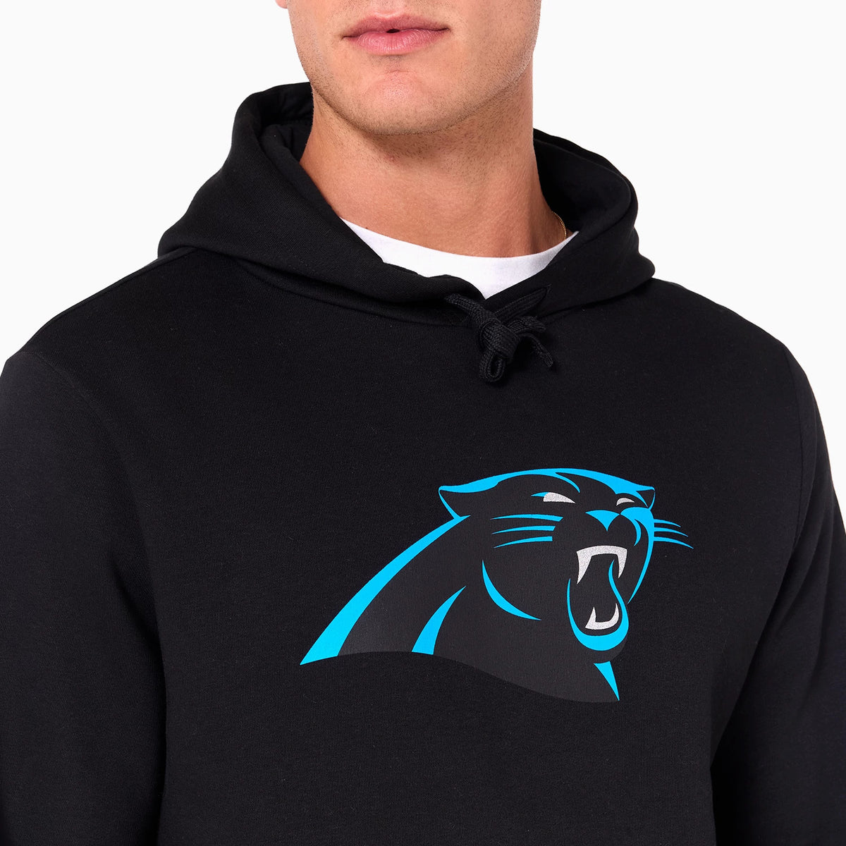 New Era Carolina Panthers NFL Black Pullover Hoodie, front view showing a large blue panther logo printed across the chest, black drawstrings at the hood and a simple black cuff at the neckline.