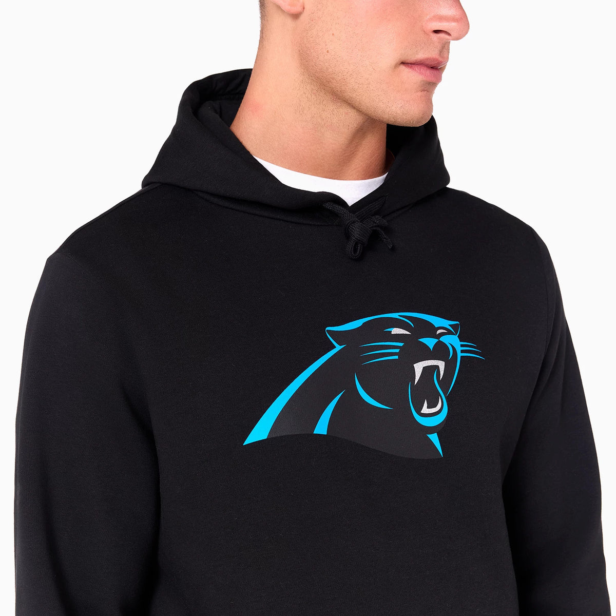New Era Carolina Panthers NFL Black Pullover Hoodie, front view showing a large blue and black panther logo printed at the centre of the chest, with a drawstring hood and plain black fabric.