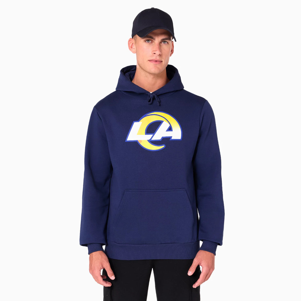 New Era LA Rams NFL Navy Pullover Hoodie, front view showing a large LA Rams logo emblazoned in yellow and white across the chest, a hood with drawstrings resting on the shoulders, and a spacious front pocket on the lower half.