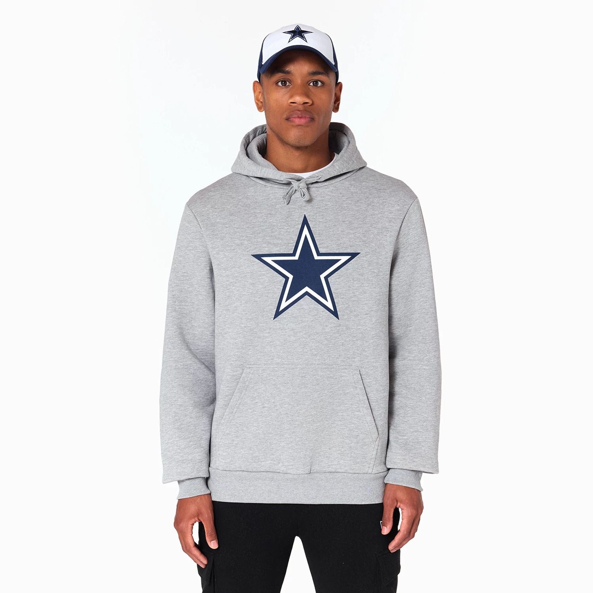 The Male model is wearing Dallas Cowboys NFL Grey Pullover Hoodie 1
