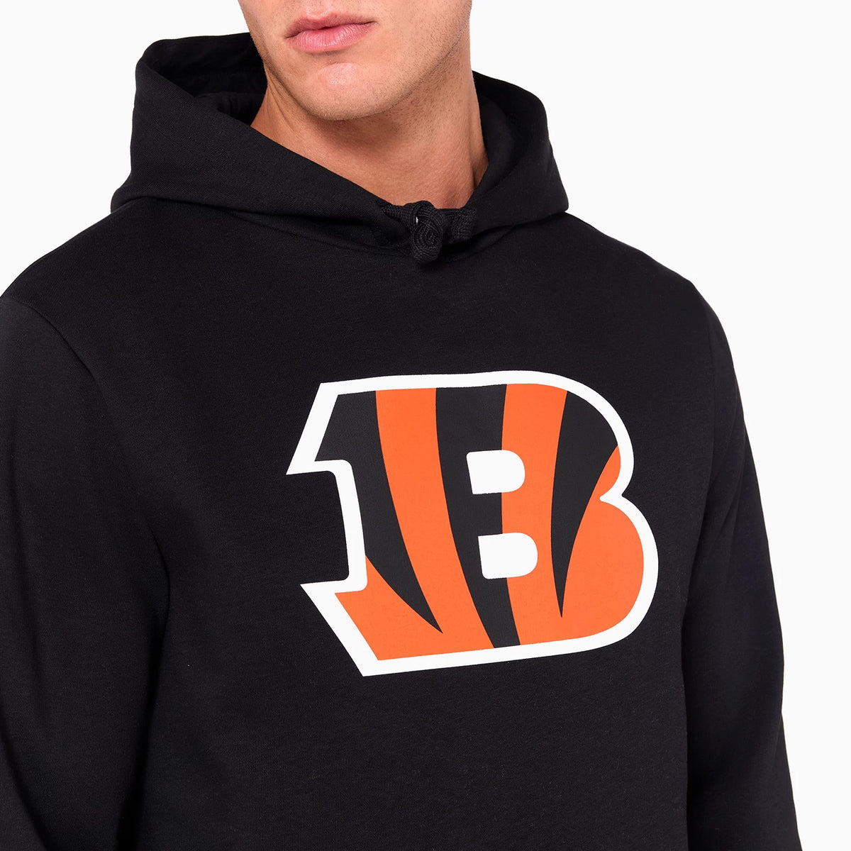 New Era Cincinnati Bengals NFL Black Pullover Hoodie, front view showing a large embossed orange and black B logo across the chest, a drawstring hood at the top and long sleeves on a plain black background.