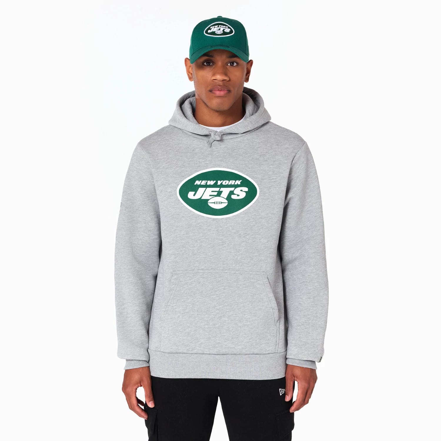 The Male model is wearing New York Jets NFL Grey Pullover Hoodie 1