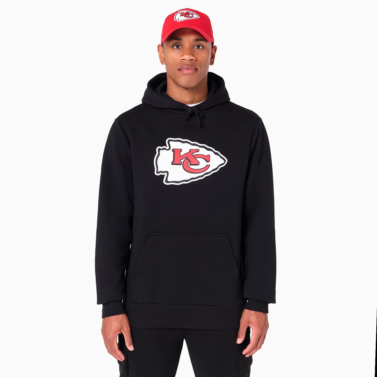 The Male model is wearing Kansas City Chiefs NFL Black Pullover Hoodie 1