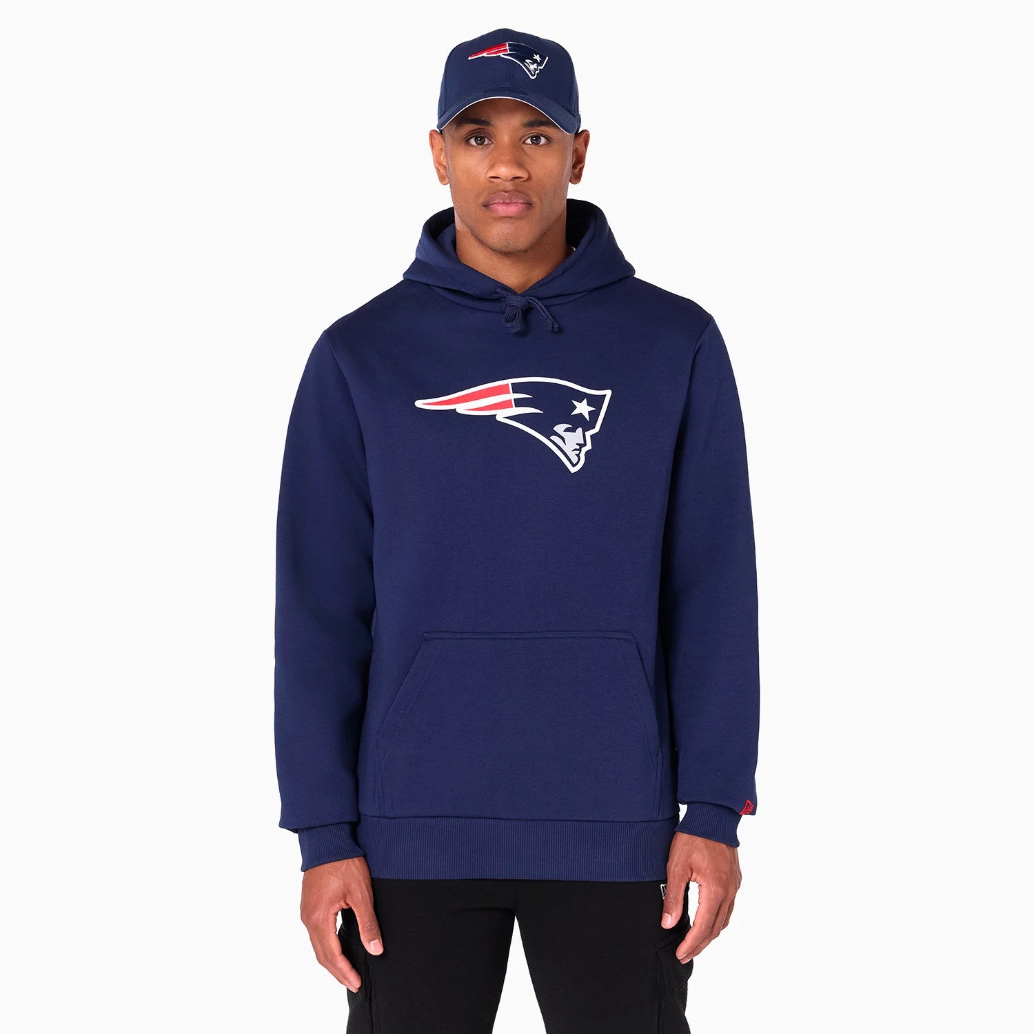 The Male model is wearing New England Patriots NFL Navy Pullover Hoodie 1