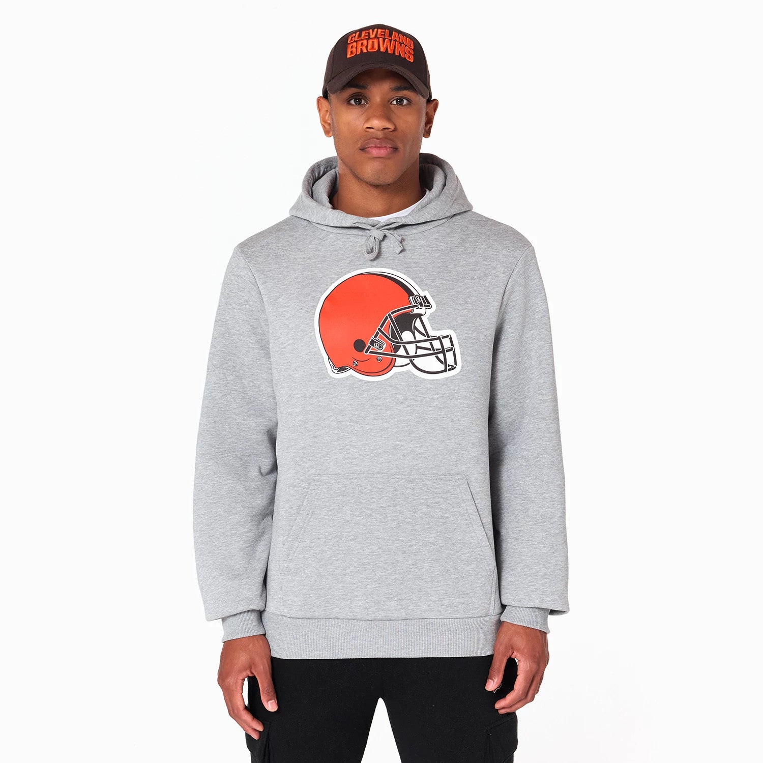 The Male model is wearing Cleveland Browns NFL Grey Pullover Hoodie 1