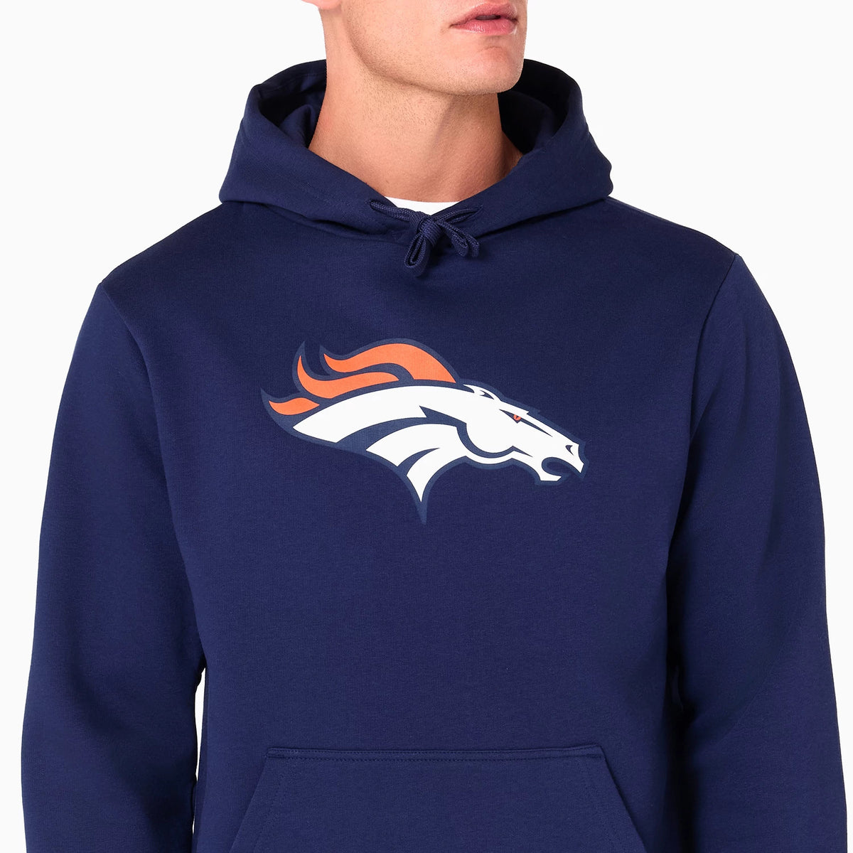 New Era Denver Broncos NFL Navy Pullover Hoodie, front view showing the team logo prominently displayed in the centre of the chest on a navy background, featuring a hood with drawstrings.