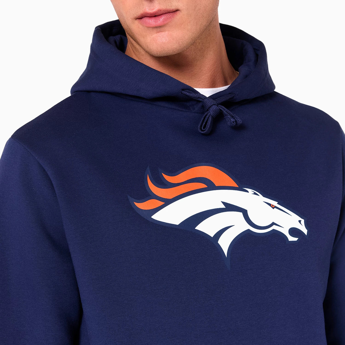 New Era Denver Broncos NFL Navy Pullover Hoodie, front view showing the orange and white team logo printed prominently on the chest, with a drawstring hood at the top and a classic navy design.