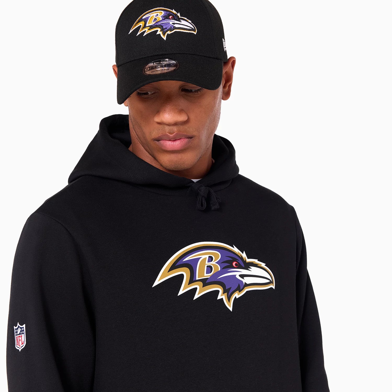 The Male model is wearing Baltimore Ravens NFL Black Pullover Hoodie 3