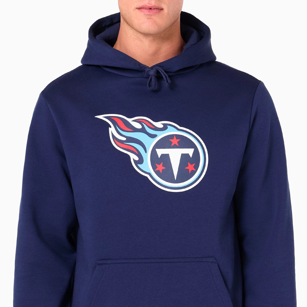 New Era Tennessee Titans NFL Navy Pullover Hoodie, front view showing the large Tennessee Titans logo with a flaming circle design printed on the chest, an adjustable drawstring hood and a spacious kangaroo pocket.