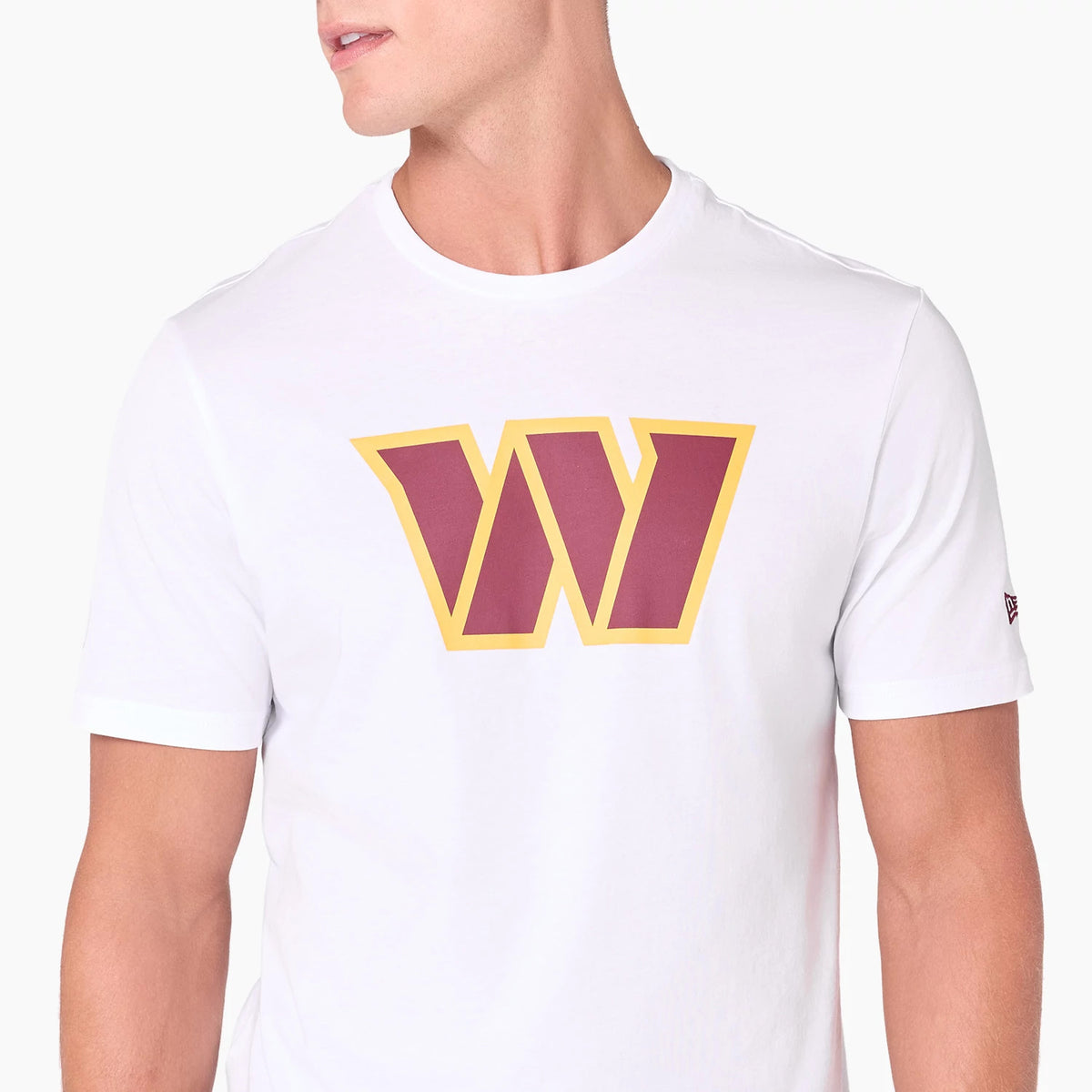 New Era Washington Commanders NFL White T-Shirt, front view showing a large maroon W with yellow outline at the centre of the chest and a small debossed New Era logo on the sleeve.