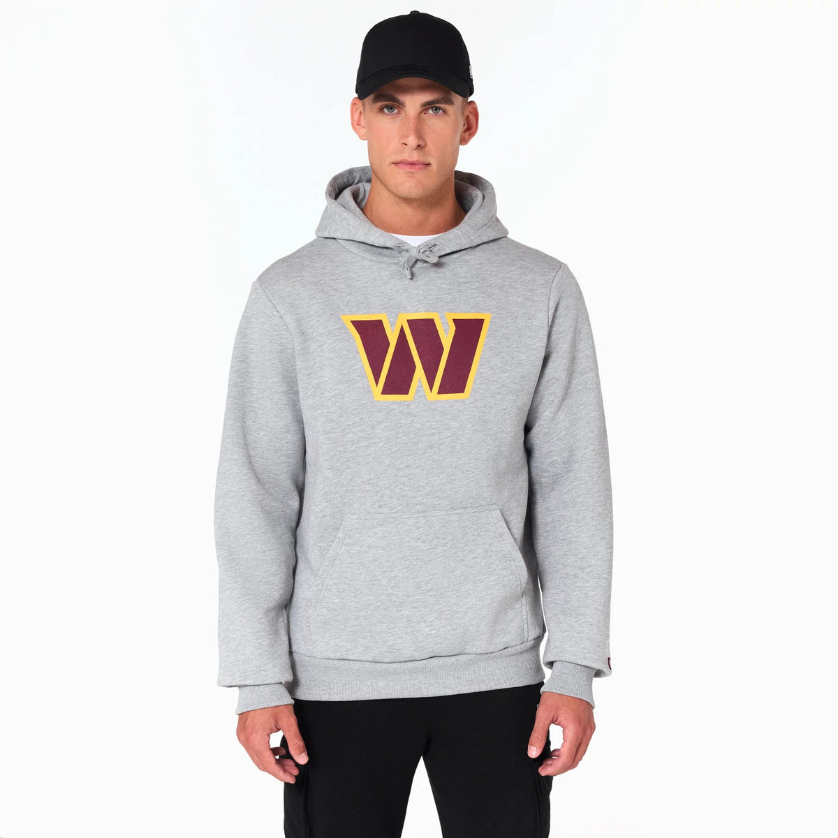 New Era Washington Commanders NFL Grey Pullover Hoodie, front view showing the large burgundy and gold W logo centred on the chest, with an adjustable drawstring hood and a front kangaroo pocket.