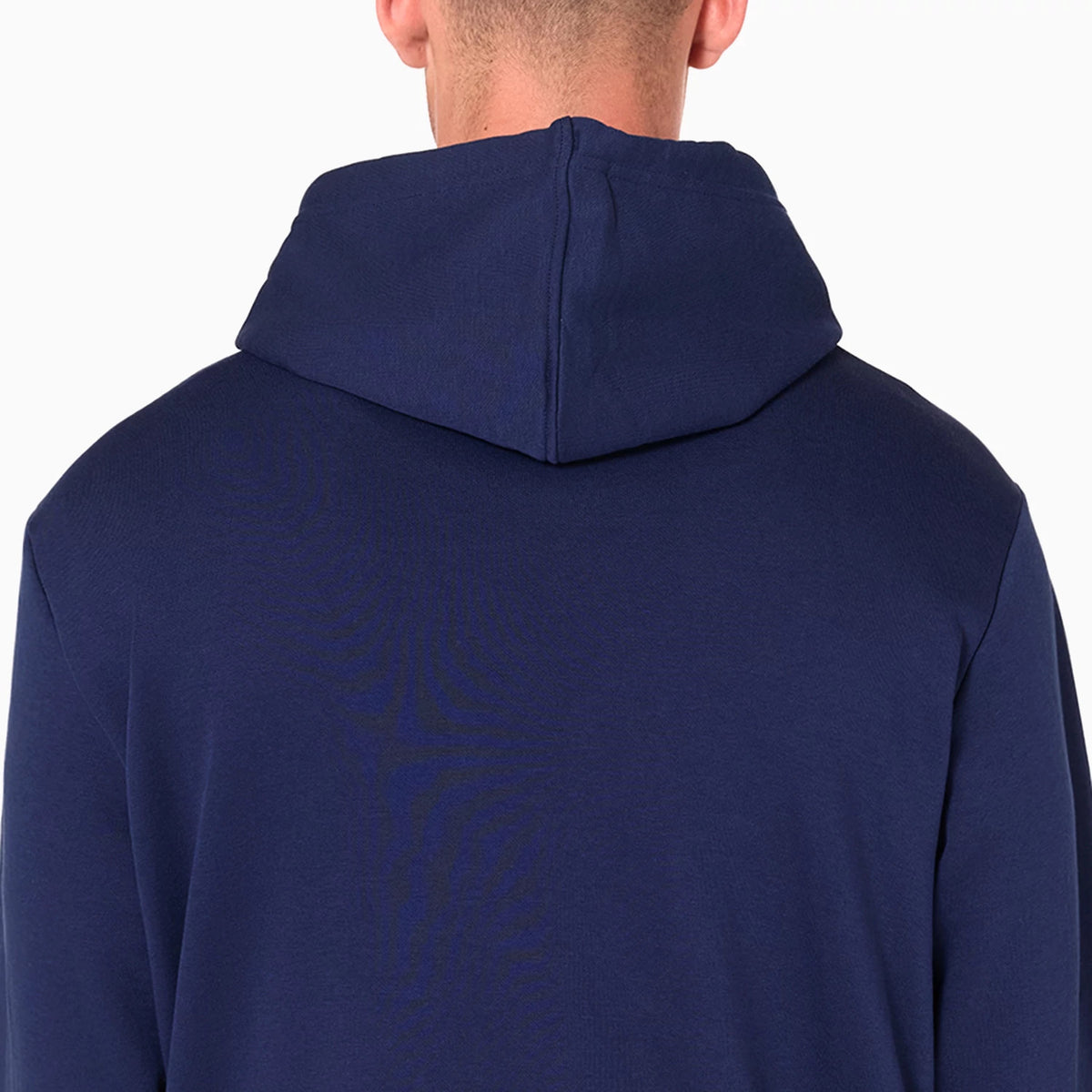 New Era Detroit Pistons NBA Navy Pullover Hoodie, rear view showing the plain navy fabric of the hoodie with a spacious hood draped over the back, no visible logos or design elements on the back panel.