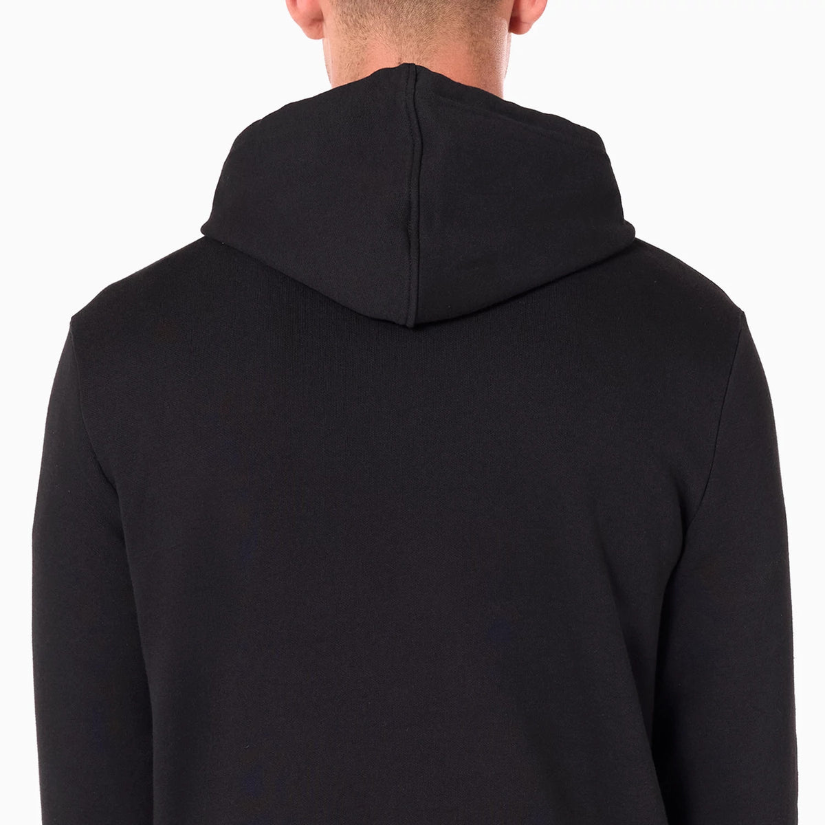 New Era Phoenix Suns NBA Black Pullover Hoodie, rear view showing the plain black fabric with a hood covering the back of the neck and shoulders, no visible logos or designs.
