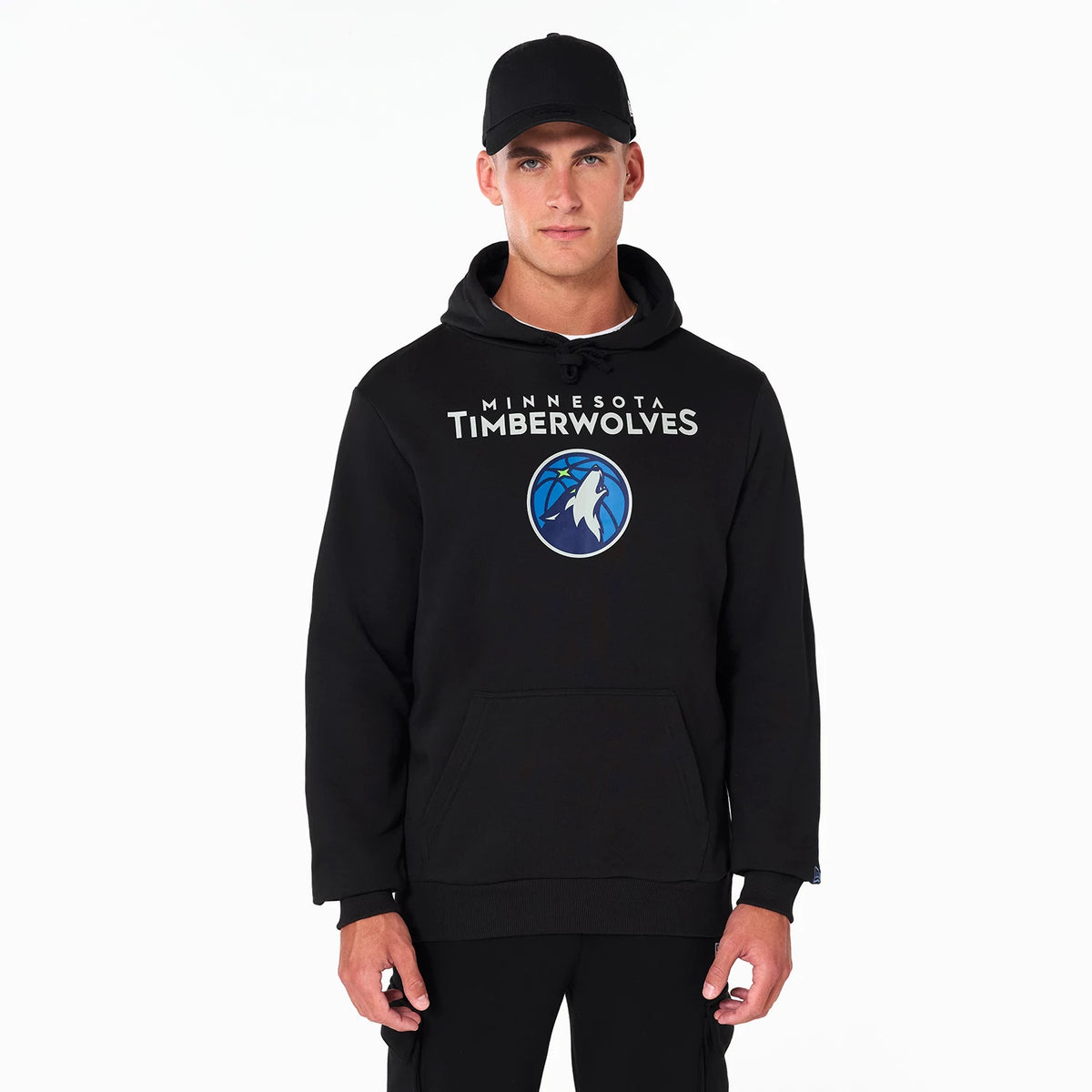 New Era Minnesota Timberwolves NBA Black Pullover Hoodie, front view showing the bold team name and logo centred on the chest, featuring a blue and white wolf emblem, and a front kangaroo pocket at the bottom.