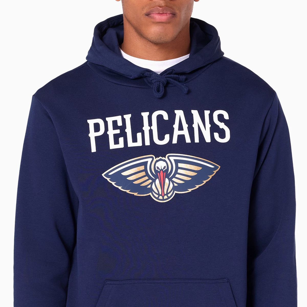 New Era New Orleans Pelicans NBA Navy Pullover Hoodie, front view displaying a navy hoodie with PELICANS in white letters above the team logo, featuring an intricate pelican design centred on the chest.