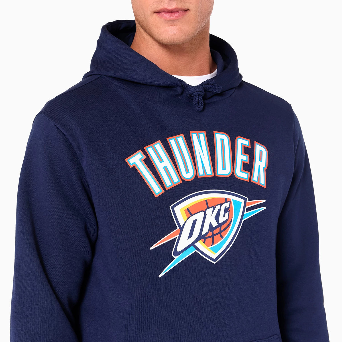 New Era Oklahoma City Thunder NBA Navy Pullover Hoodie, front view showing the navy material with a raised Thunder text and the Oklahoma City Thunder logo on the chest, featuring a drawstring hood and a straight hem.