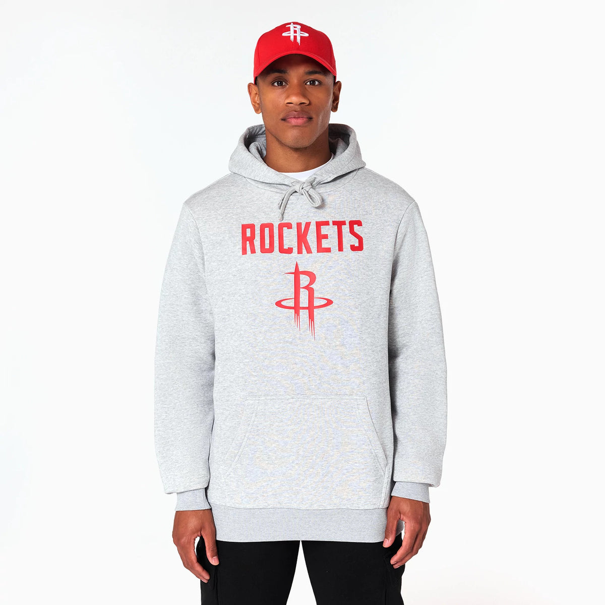 New Era Houston Rockets NBA Grey Pullover Hoodie, front view showing the grey hoodie with a red ROCKETS wordmark and team logo centred on the chest, drawstring hood, and ribbed cuffs.