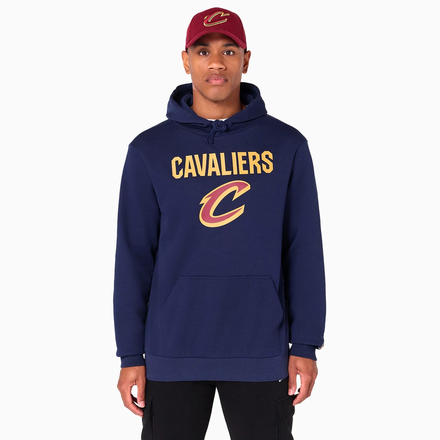 The Male model is wearing Cleveland Cavaliers NBA Navy Pullover Hoodie 1