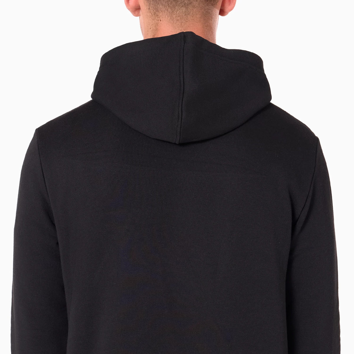 New Era Portland Trail Blazers NBA Black Pullover Hoodie, rear view showing the plain black hood and the back of the garment draped over the shoulders without visible logos or embellishments.