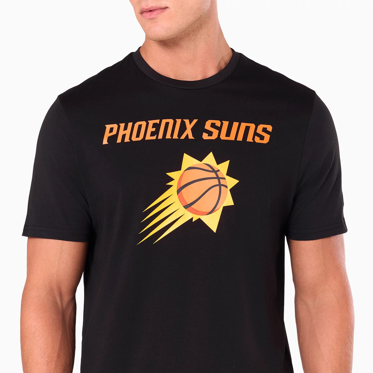 New Era Phoenix Suns NBA Black T-Shirt, front view showing a black t-shirt with the Phoenix Suns logo in orange and yellow on the chest, featuring a basketball within a sunburst design.