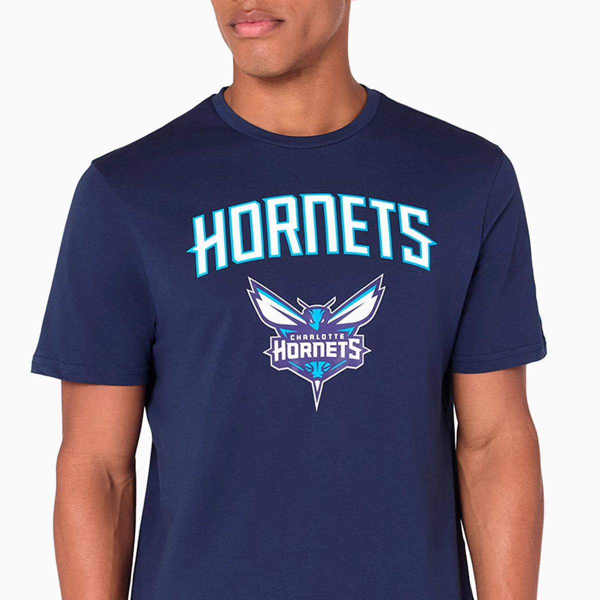 The Male model is wearing Charlotte Hornets NBA Navy T-Shirt 2