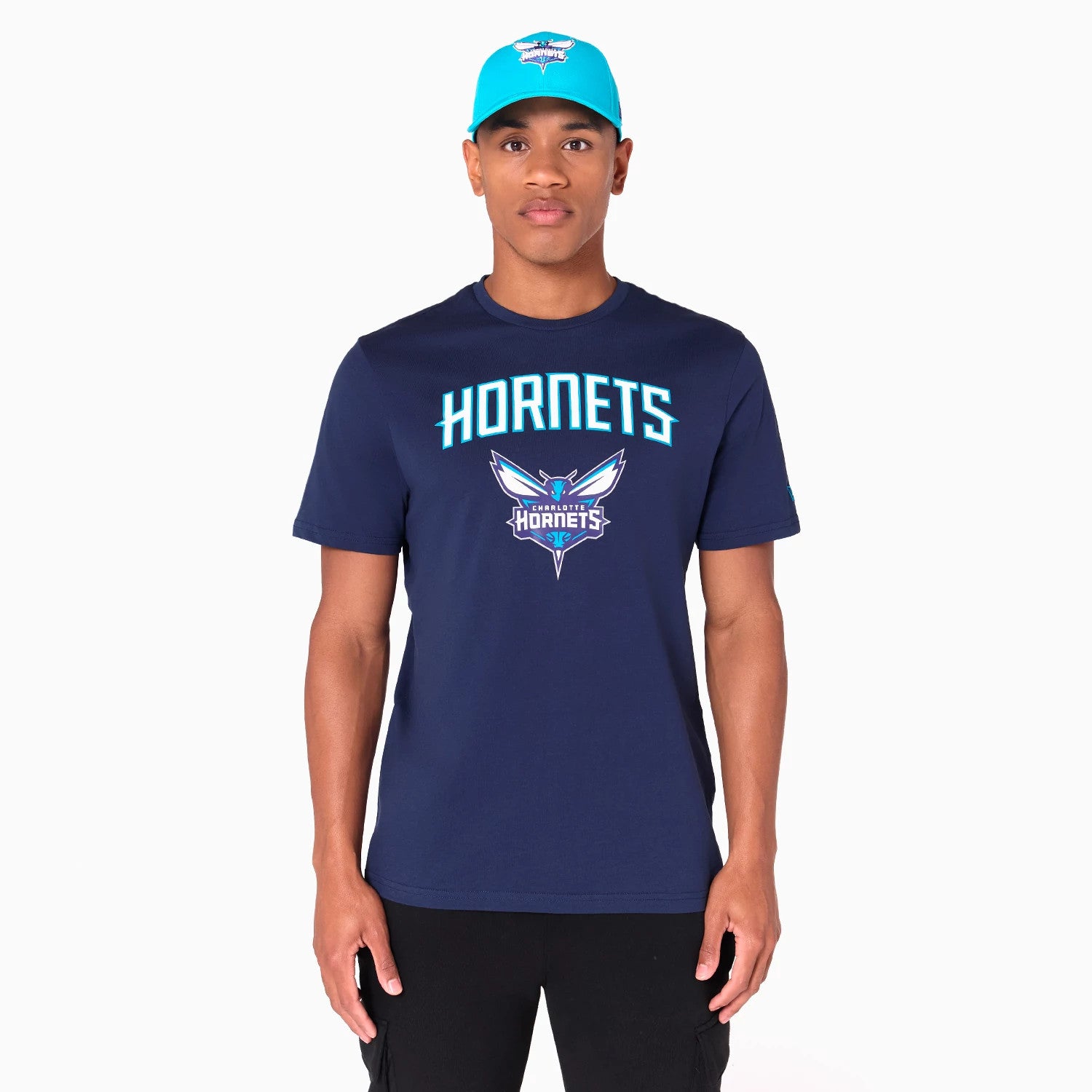 The Male model is wearing Charlotte Hornets NBA Navy T-Shirt 1